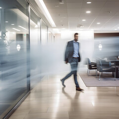 man running through office, man running through office while working, man in a suit in a office stressed