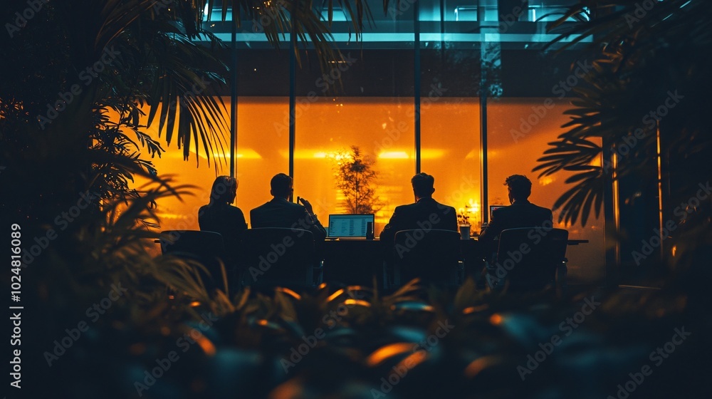 Poster Colleagues in a breakout area chatting and working on a shared project in a relaxed setting Stock Photo with side copy space
