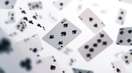 Fototapeta na wymiar A close-up of a six of spades playing card floating against a white background, with other cards blurred in the background.