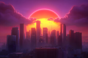 Fototapeta premium A dramatic sunset over a city skyline, with the sun appearing as a large, red orb behind the clouds. The city is silhouetted against the bright sky.