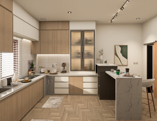 3D Rendering Modern kitchen design with natural stone granite. Stone top and island with detail of interior faucet and home appliances.
