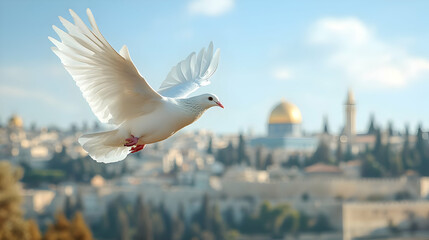 A white dove in flight with a historic cityscape in the background.