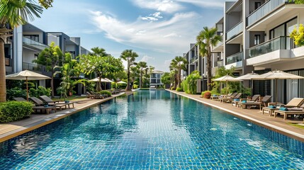 Fototapeta premium An upscale apartment complex with a pool, sun loungers, and landscaped gardens, conveying a sense of luxury. 