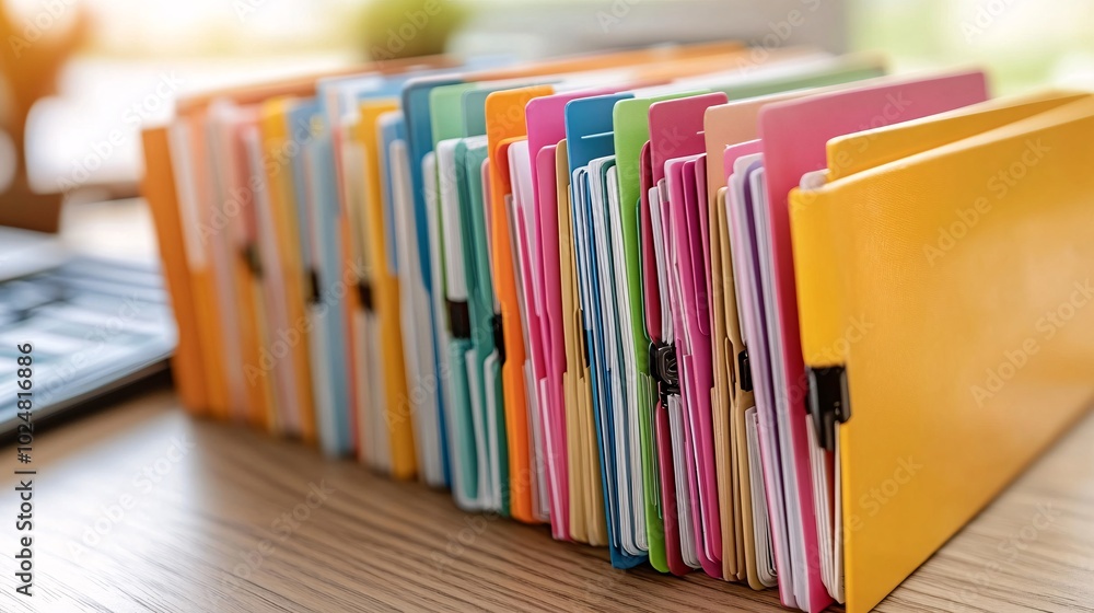 Aufkleber Worker digitizing documents while organizing files in a minimalist and clean office space Stock Photo with side copy space