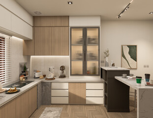 3D Rendering Modern kitchen design with natural stone granite. Stone top and island with detail of interior faucet and home appliances.
