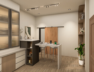 3D Rendering Modern kitchen design with natural stone granite. Stone top and island with detail of interior faucet and home appliances.
