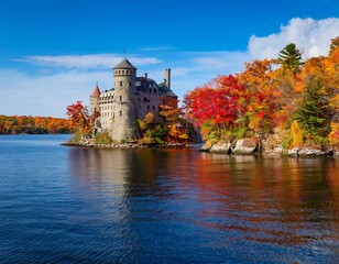 Fototapeta premium castle on heart island during fall with autumn colors thousand islands new york state usa