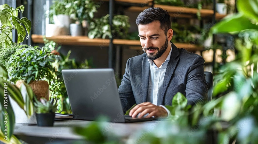 Poster remote worker in a cozy home office setting using a laptop on a modern desk stock photo with side co