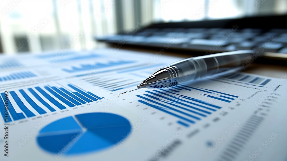 Aufkleber Group brainstorming ideas around a conference table with charts and graphs displayed Stock Photo with side copy space