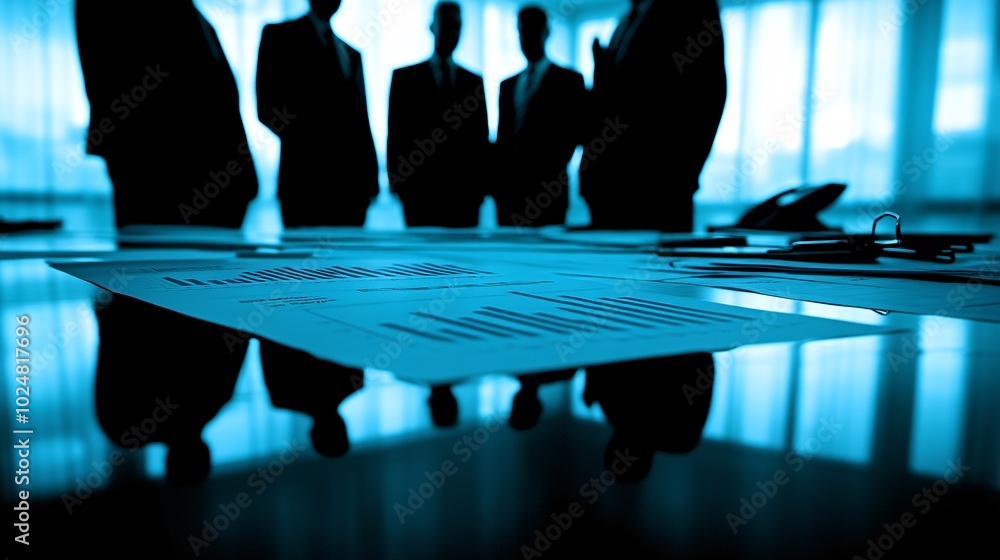 Poster Group brainstorming ideas around a conference table with charts and graphs displayed Stock Photo with side copy space