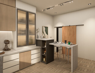 3D Rendering Modern kitchen design with natural stone granite. Stone top and island with detail of interior faucet and home appliances.
