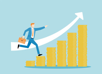 指を差しながら金貨のグラフを登っていくスーツ姿のビジネスマン男性のベクターイラスト画像
