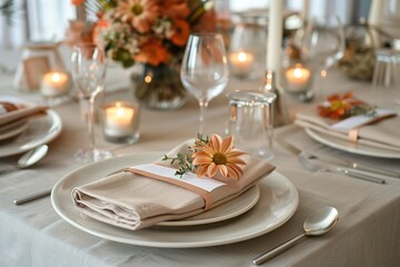 Fototapeta premium Elegant table setting with floral decoration, candles, and dinnerware.