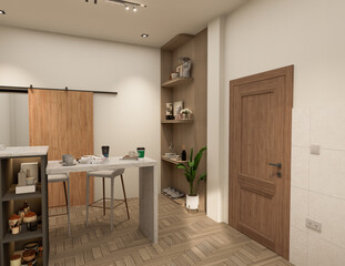 3D Rendering Modern kitchen design with natural stone granite. Stone top and island with detail of interior faucet and home appliances.
