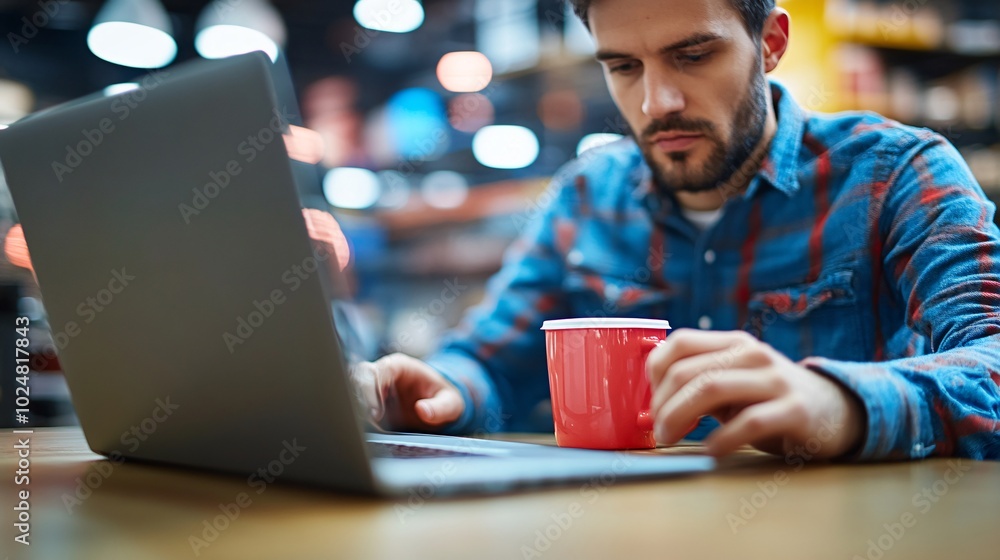 Poster person working in a modern office focused on a laptop with a cup of coffee next to them stock photo 