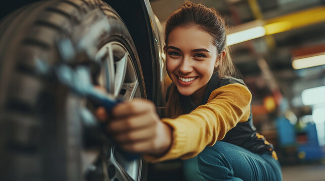 A woman smiles as she tightens a lug nut on a car tire in a garage
