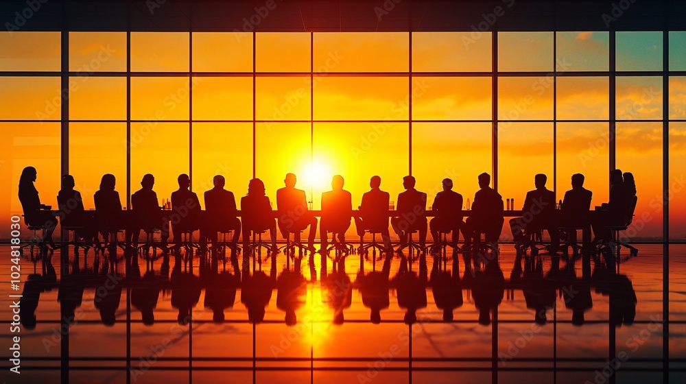 Poster modern conference room with large windows filled with natural light and a team presenting ideas stoc