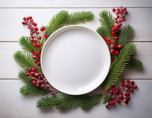 christmas or winter table setting mock up blank white plate with frame of evergreen branches and red berries above view on a white wood background copy space