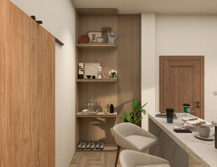 3D Rendering Modern kitchen design with natural stone granite. Stone top and island with detail of interior faucet and home appliances.
