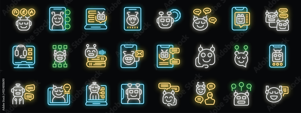 Poster chatbot icons set. outline set of chatbot vector icons neon color on black background