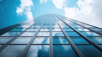 Obraz premium Low angle view of a modern glass skyscraper with blue sky and white clouds reflected in the windows.