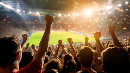 Cheering crowd at night stadium with raised fists and bright illumination