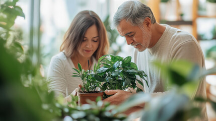 Couple caring houseplants at home. Caucasian mature man and woman with green plants