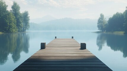 A quiet dock stretching into a calm lake, with ample space for copy