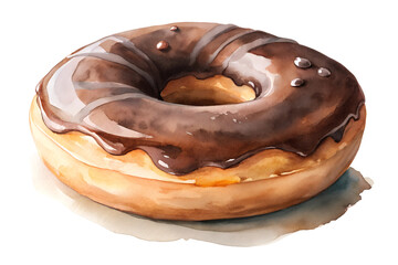 Watercolor hand drawn chocolate donut on a white background