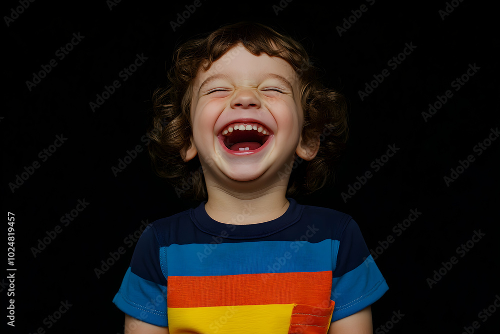 Wall mural young boy with curly hair captured in a moment of happiness, laughing with his head tilted back agai