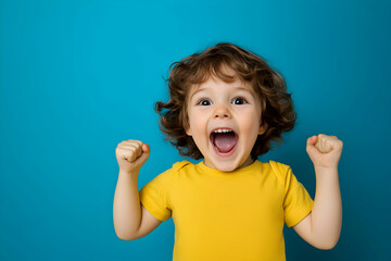 Excited young child with curly hair celebrates success, raising fists and shouting against a teal blue background