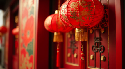Red lanterns hang elegantly, outlining a festive cultural atmosphere during the Lunar New Year celebrations, symbolizing prosperity and good fortune for the year ahead