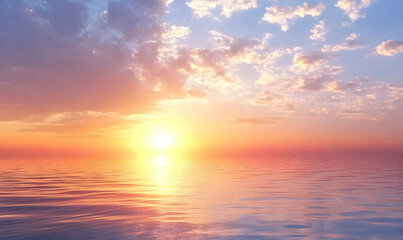 Obraz premium A vibrant sunset over a calm ocean with clouds reflecting in the water.