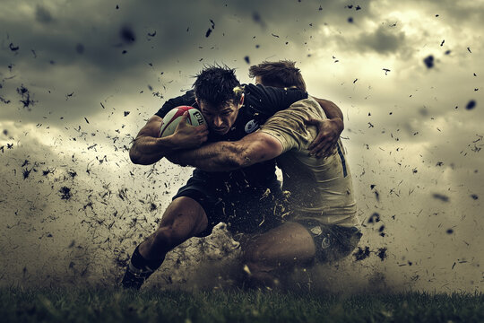 Dramatic tackle during a rugby match