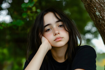 Fototapeta premium Young woman leans against a tree, holding her head up with her hand and looking at the camera with a serious expression