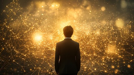 Businessman Standing Before Abstract Network of Golden Lights