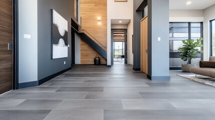 Modern interior design with gray tiled floors and a large abstract wall painting, featuring minimalist decor and wooden accents in an open-concept space.