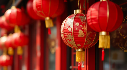 Bright red lanterns hang from structures, creating a warm, festive atmosphere to welcome the Lunar New Year. The decorations symbolize hope and happiness during the celebrations