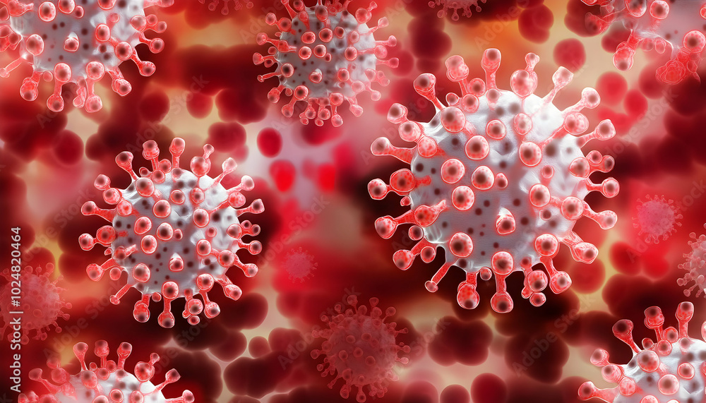 Poster close-up 3d rendering of a virus with red and white colors on a red background.