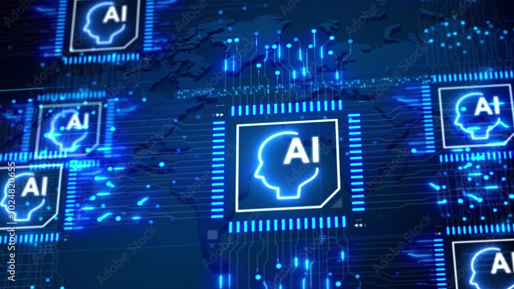 Poster 3D animation of AI Artificial intelligence technology concept. AI Cpu and print circuit dot and line on technology background. for cyber and technology concept