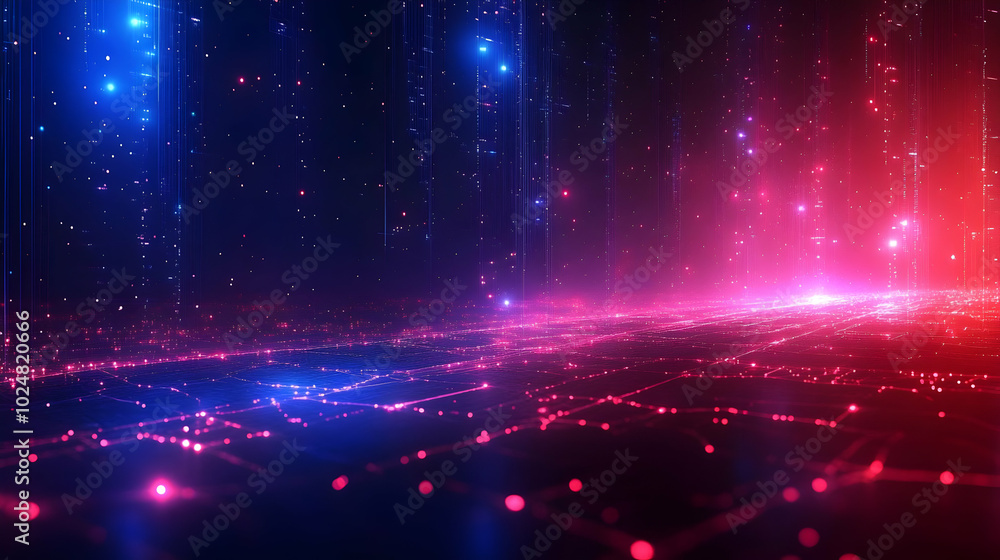 Poster digital landscape with glowing particles and grid patterns.