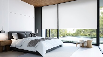 Modern bedroom interior with large windows, a minimalist bed, and contemporary decor overlooking a garden or pool area.