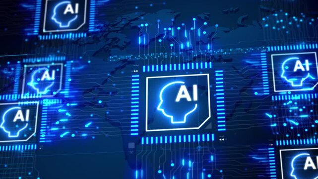 3D animation of AI Artificial intelligence technology concept. AI Cpu and print circuit dot and line on technology background. for cyber and technology concept