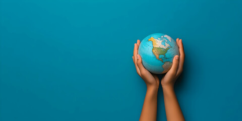 Two hands gently holding a globe against a vibrant blue background, symbolizing environmental...