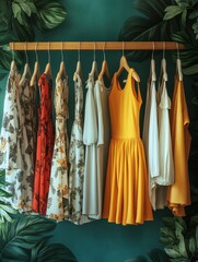 Many dresses hanging on a rack in a room