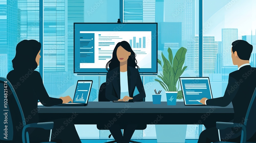 Poster a professional meeting scene showcasing three individuals discussing data in a modern office setting