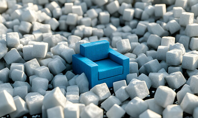 Fototapeta premium A single blue armchair stands out amidst a sea of white cubes, symbolizing individuality and standing out from the crowd.