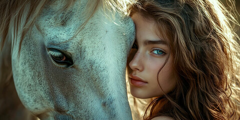 A woman is hugging a white horse