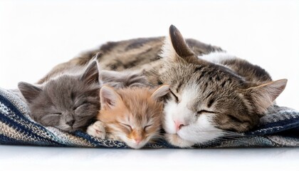 Obraz premium family of cats sleeps on a blanket isolated on white