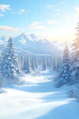 Fototapeta premium Winter Wonderland. Scenic Snowy Mountain Landscape With Fir Forest Covered In Snow. Golden Sunlight.